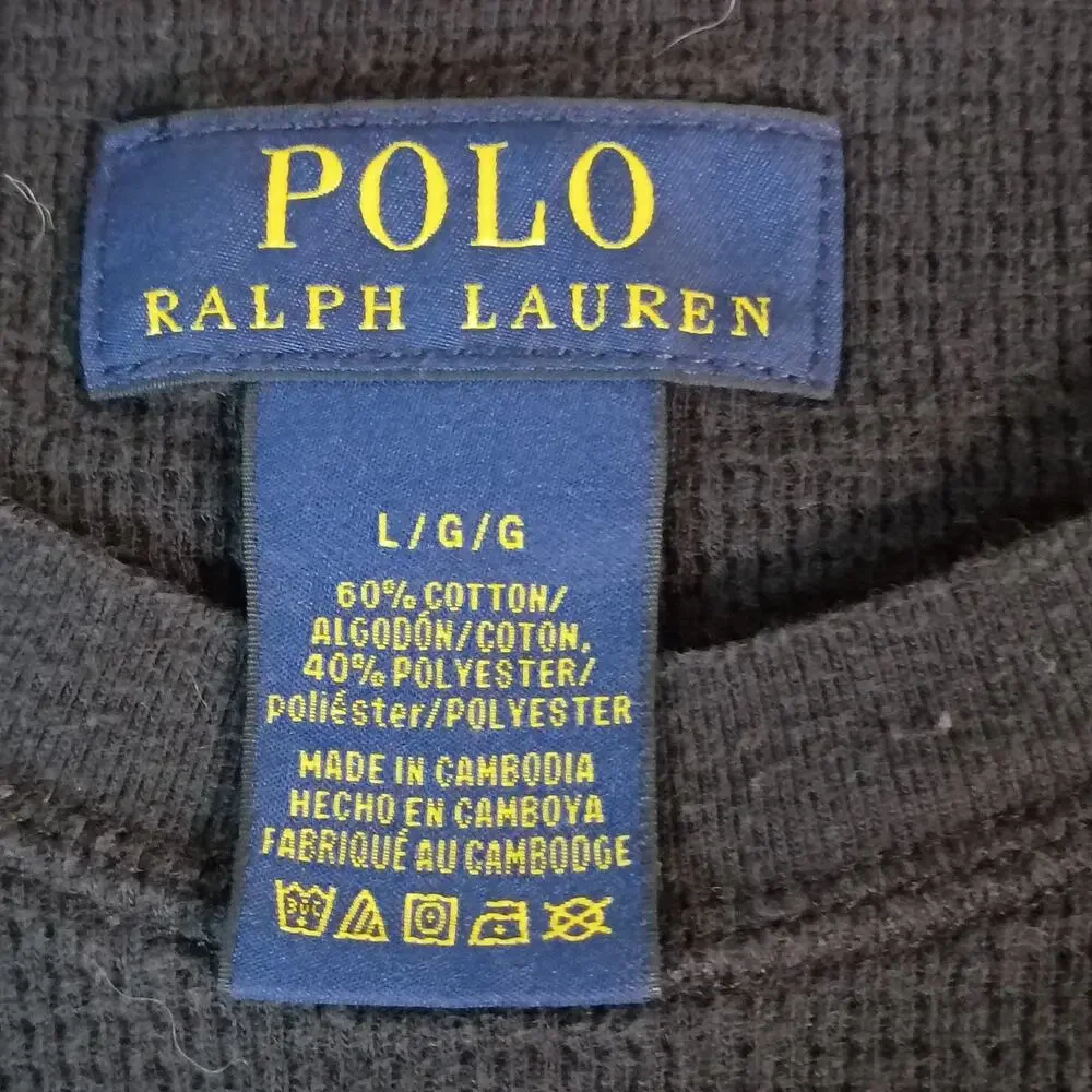 Polo Ralph Lauren Mens L Black Thermal Waffle Knit Long Sleeve Shirt Red Pony